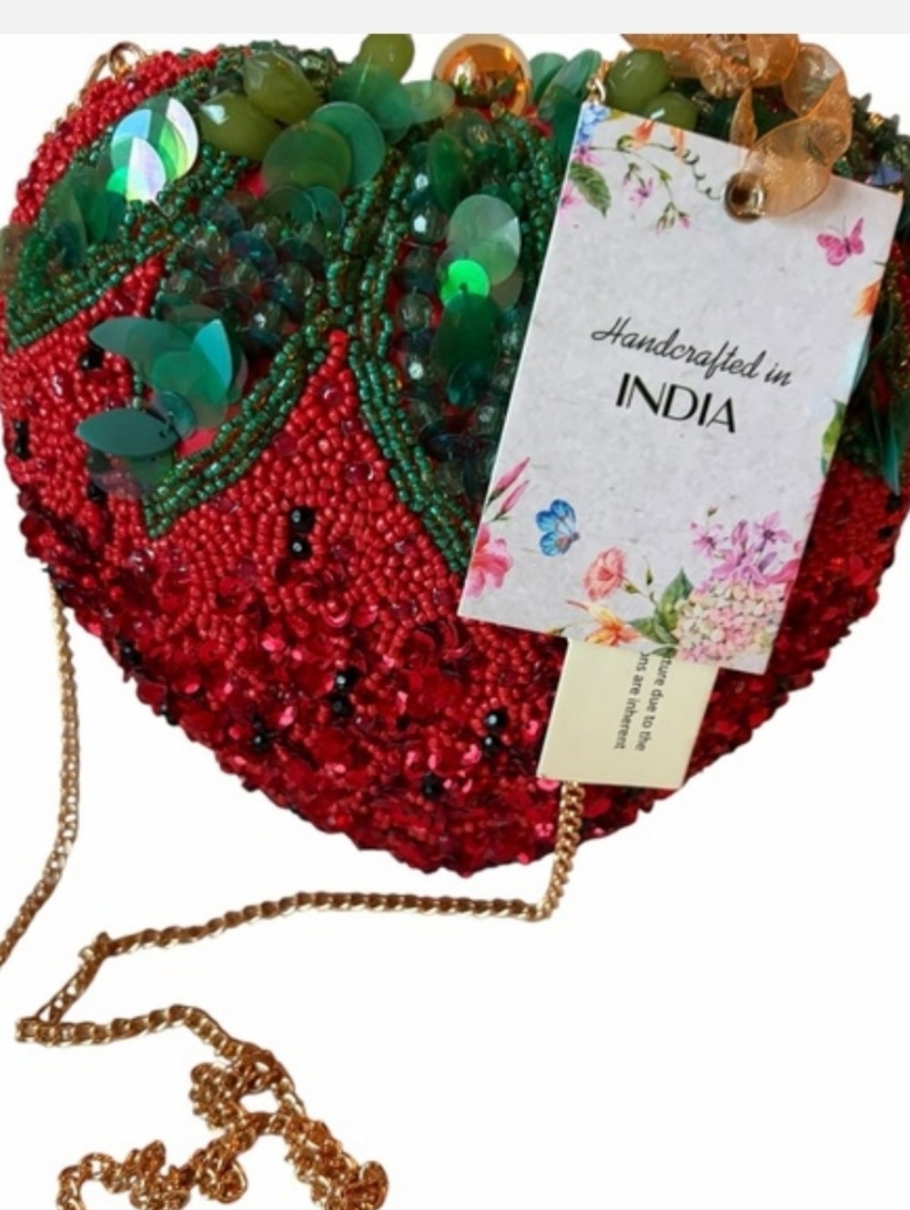 Handcrafted In India Beaded Strawberry Shape Evening Clutch -Red & Green Bnwt Eh - Picture 4 of 8